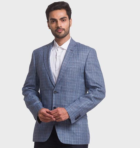 Men Blue Checked Single-Breasted Formal Linen Blazer